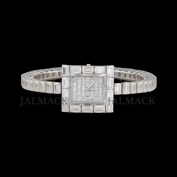 Silver Dial Markerless Baguette-Cut Moissanite Watch