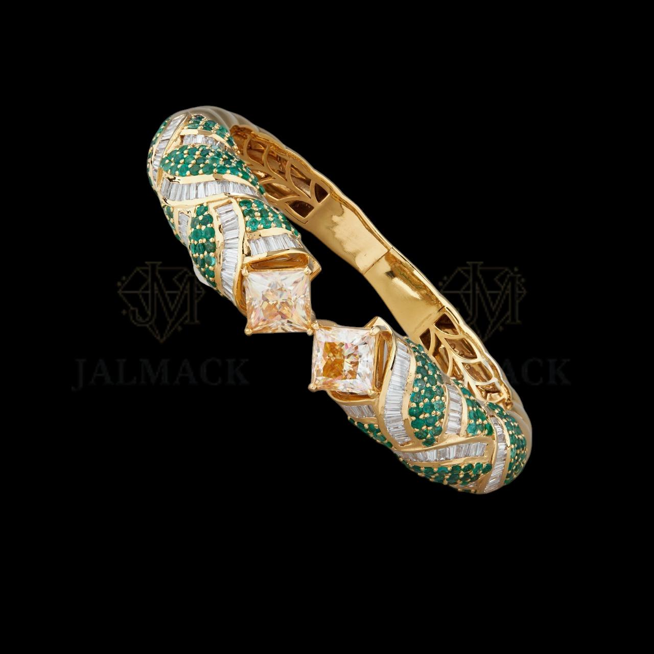 Yellow Gold Green Stone Baguette Moissanite Open Bangle Fully Iced Out