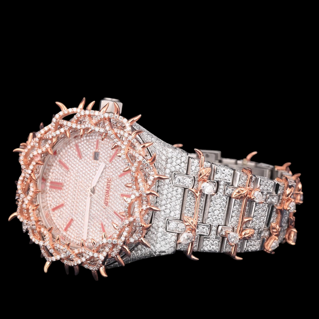 Luxury Rose Gold Thorn Moissanite Automatic Watch VVS1 D Color Fully Iced Out