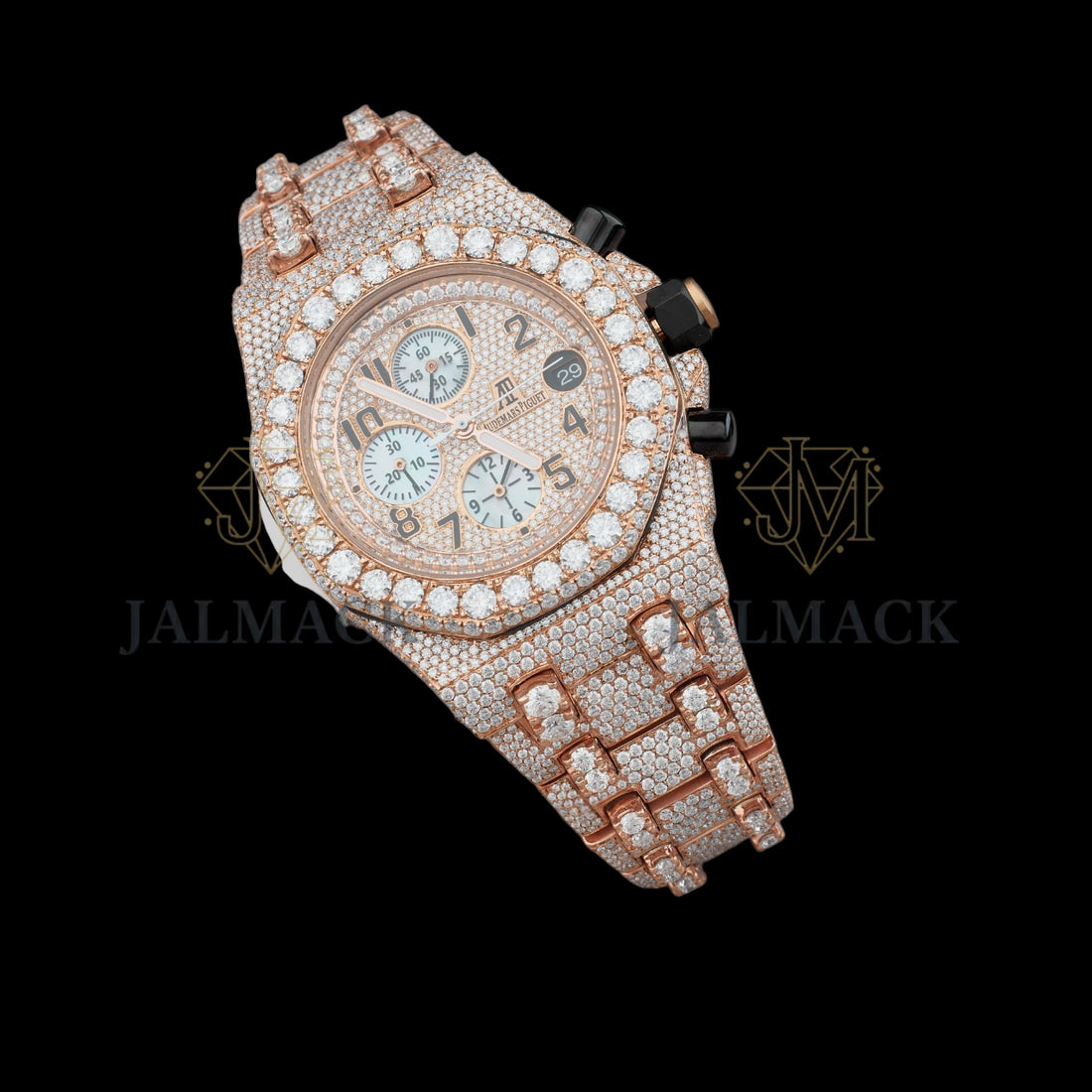Rose Gold Dial Arabic Numeral Round-Cut Moissanite Chronograph Watch