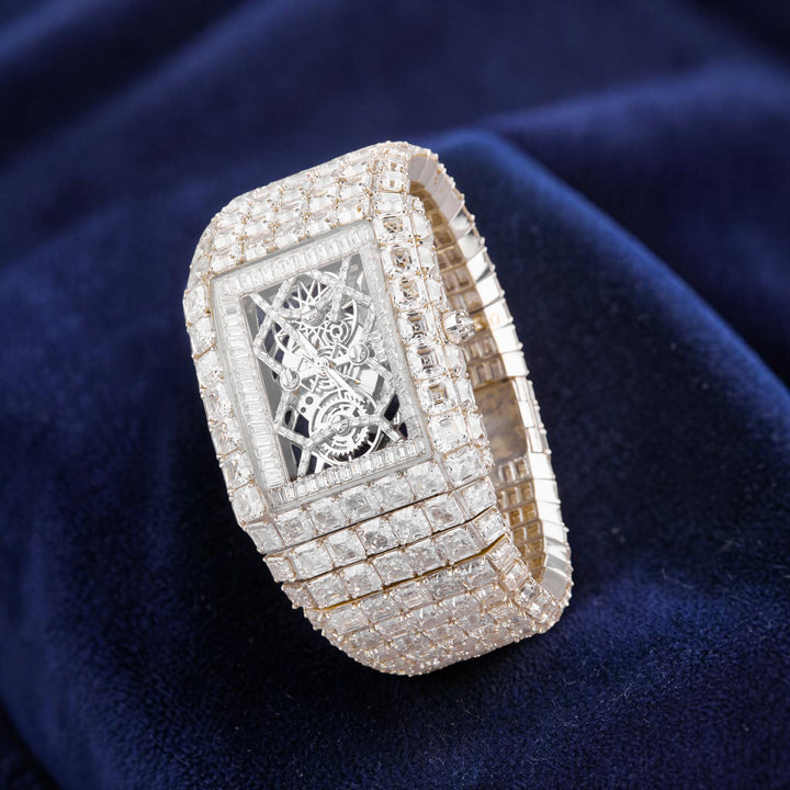 Luxury Skeleton Dial Moissanite Watch Fully Iced Out Rectangular Bust Down Timepiece