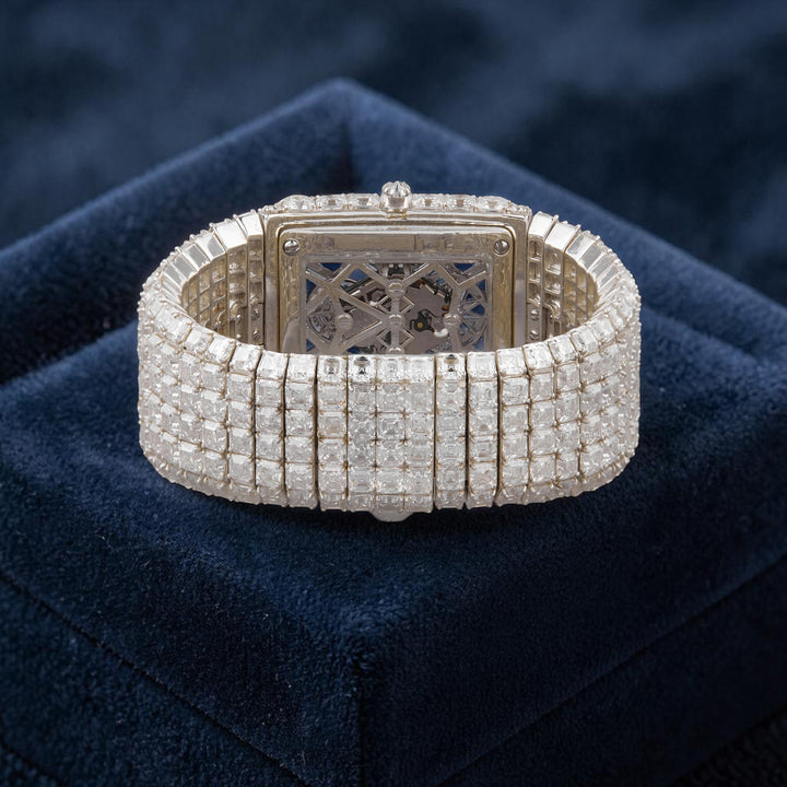Luxury Skeleton Dial Moissanite Watch Fully Iced Out Rectangular Bust Down Timepiece