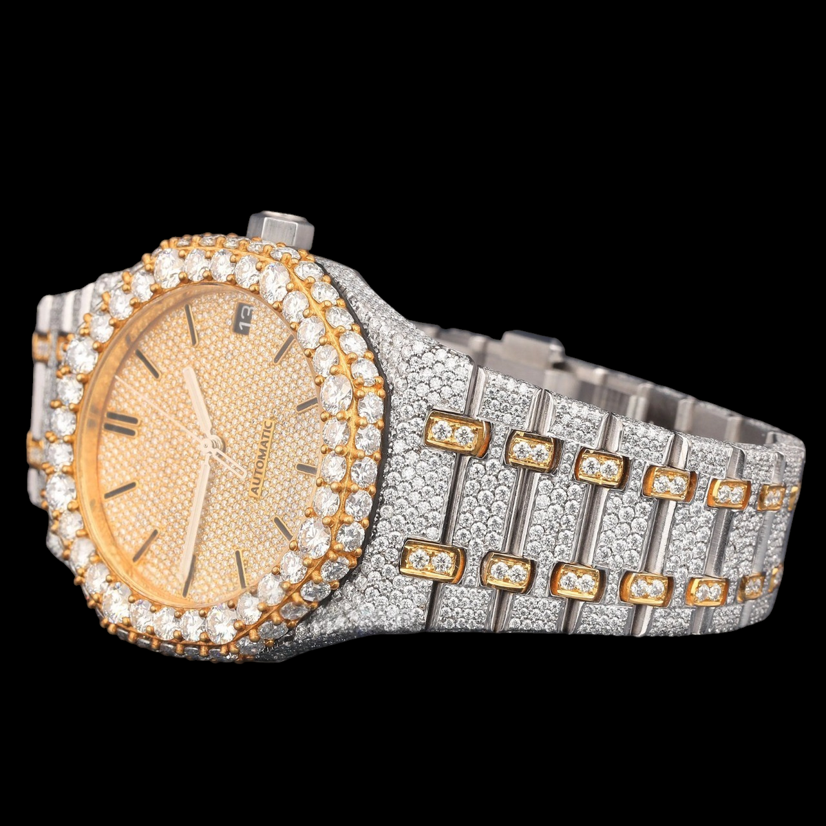 Luxury Two-Tone Moissanite Automatic Date Watch VVS1 D Color Fully Iced Out