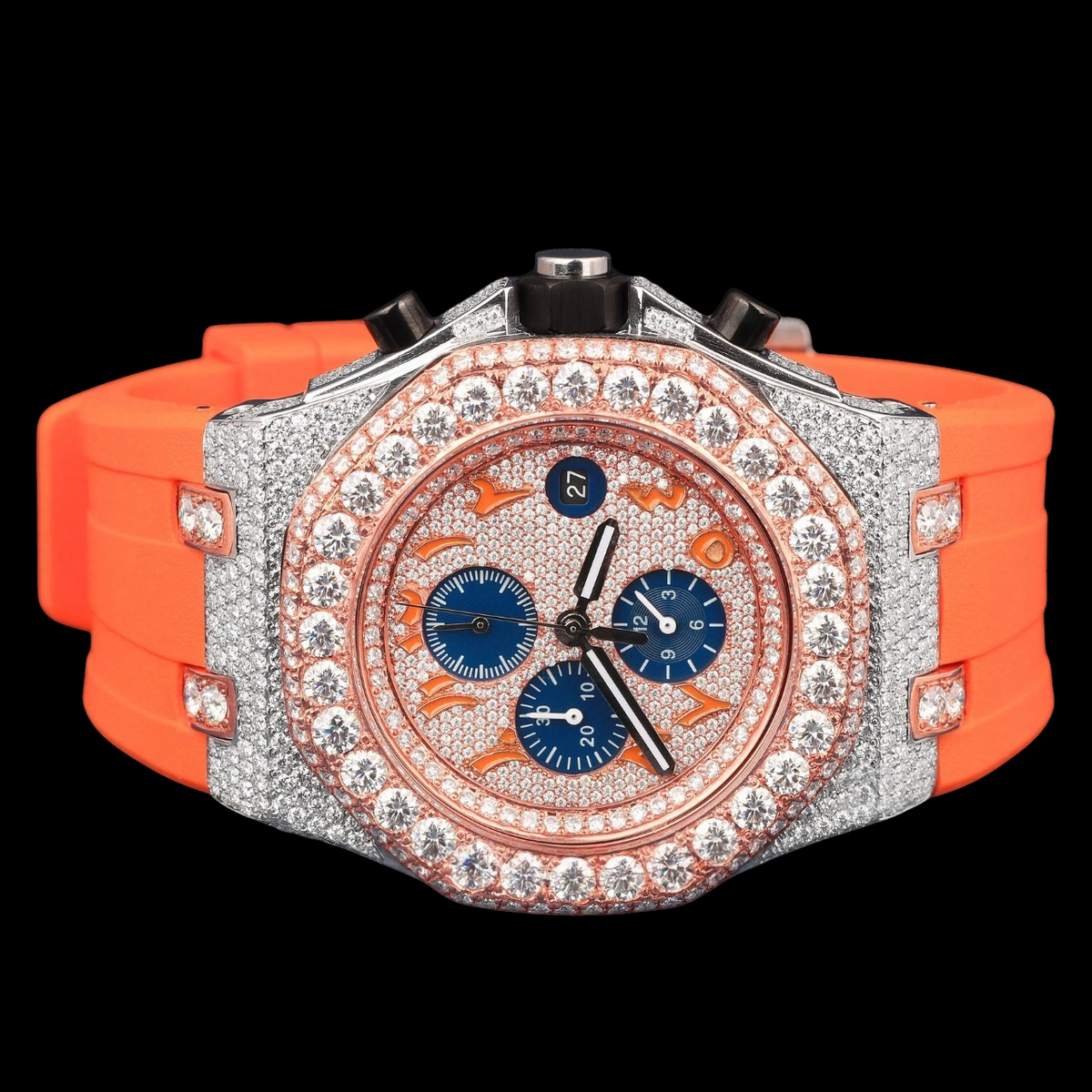 Luxury Orange Chronograph Moissanite Watch VVS1 D Color
