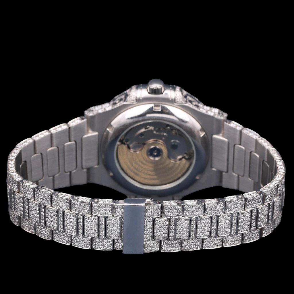 Luxury Silver Baguette Moissanite Moonphase Automatic Watch