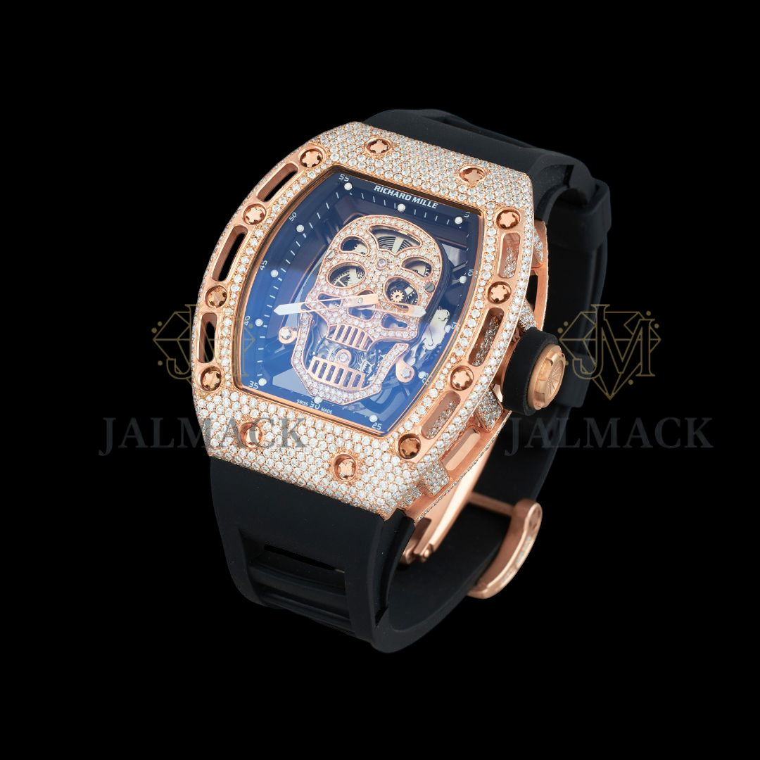 Rose Gold Skull Fully Iced Moissanite Skeleton Watch