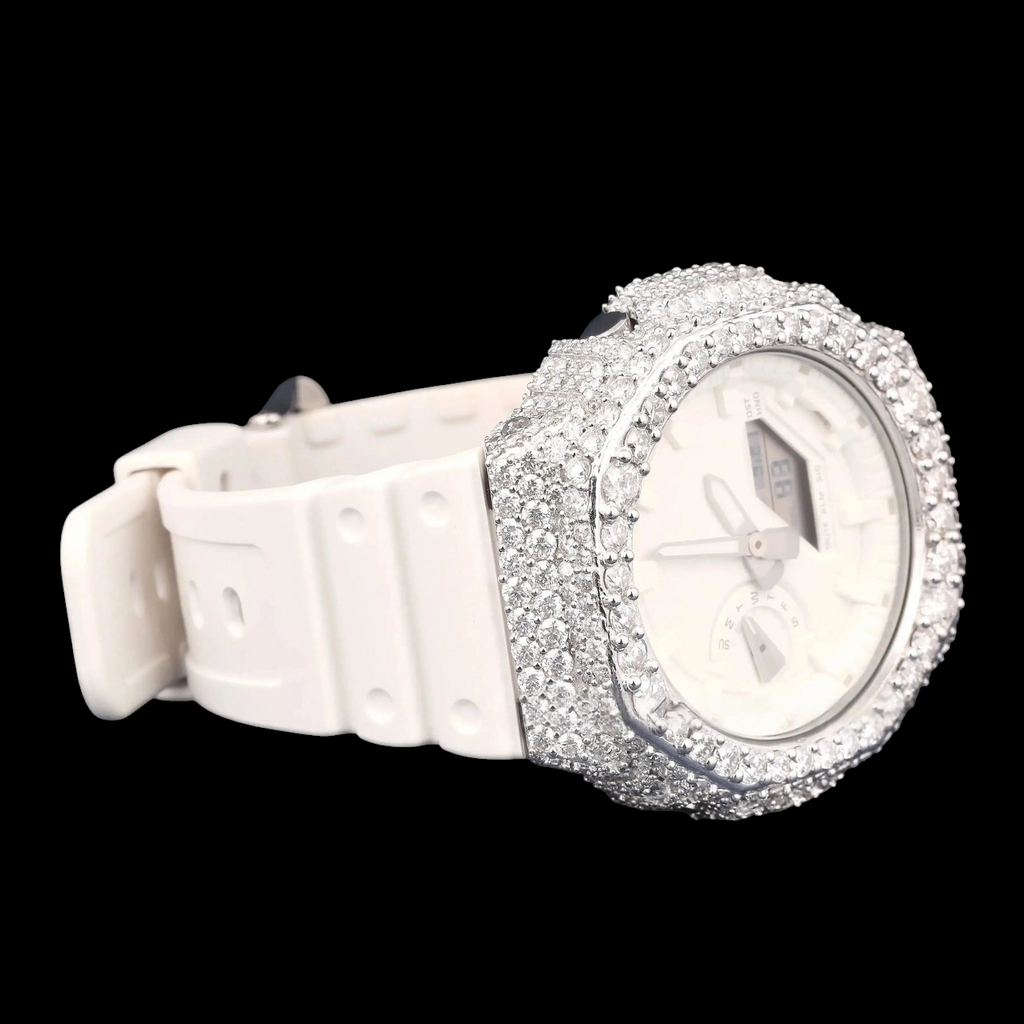 Royal White Dial & Strap Iced G-Shock Moissanite Watch