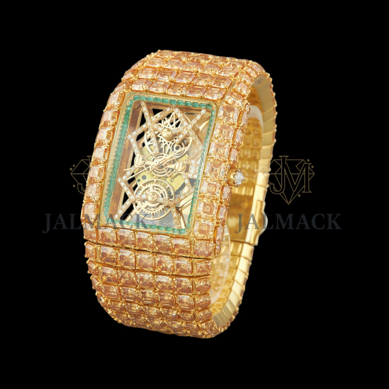 Gold Skeleton Dial Markerless Square-Cut Moissanite Watch