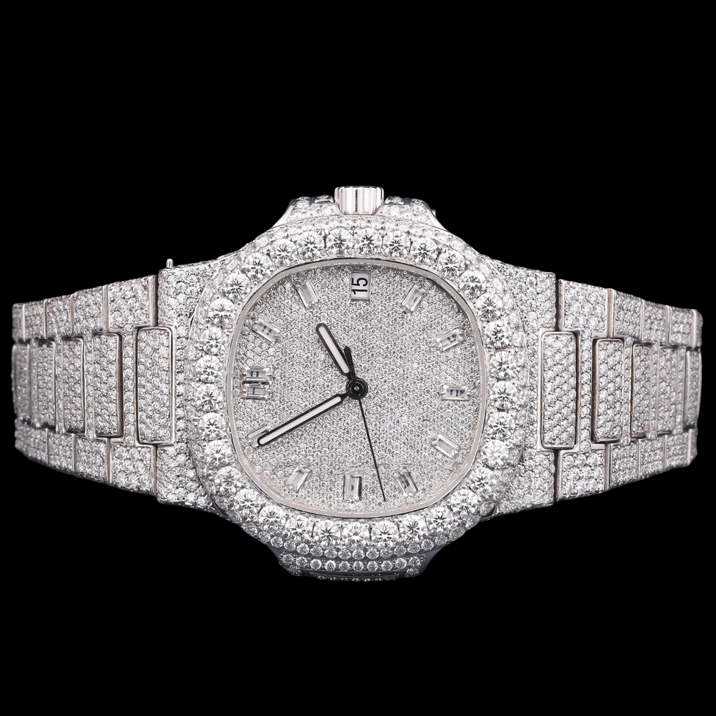 Luxury Silver Baguette Moissanite Automatic Date Watch