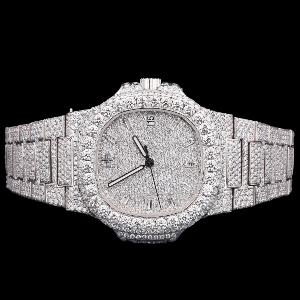 Luxury Silver Baguette Moissanite Automatic Date Watch