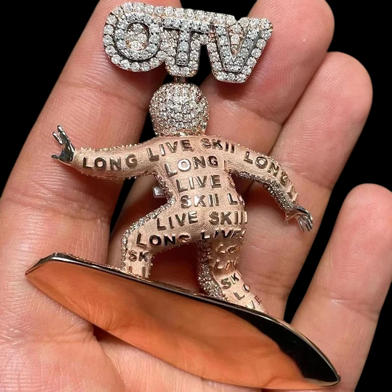 925 Sterling Silver Custom Cartoon Surfer Character VVS Moissanite Pendant Hip Hop Jewelry
