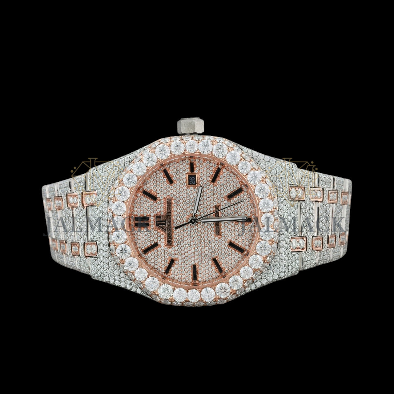 Rose Gold Dial Baton Letter Round-Cut Moissanite Watch