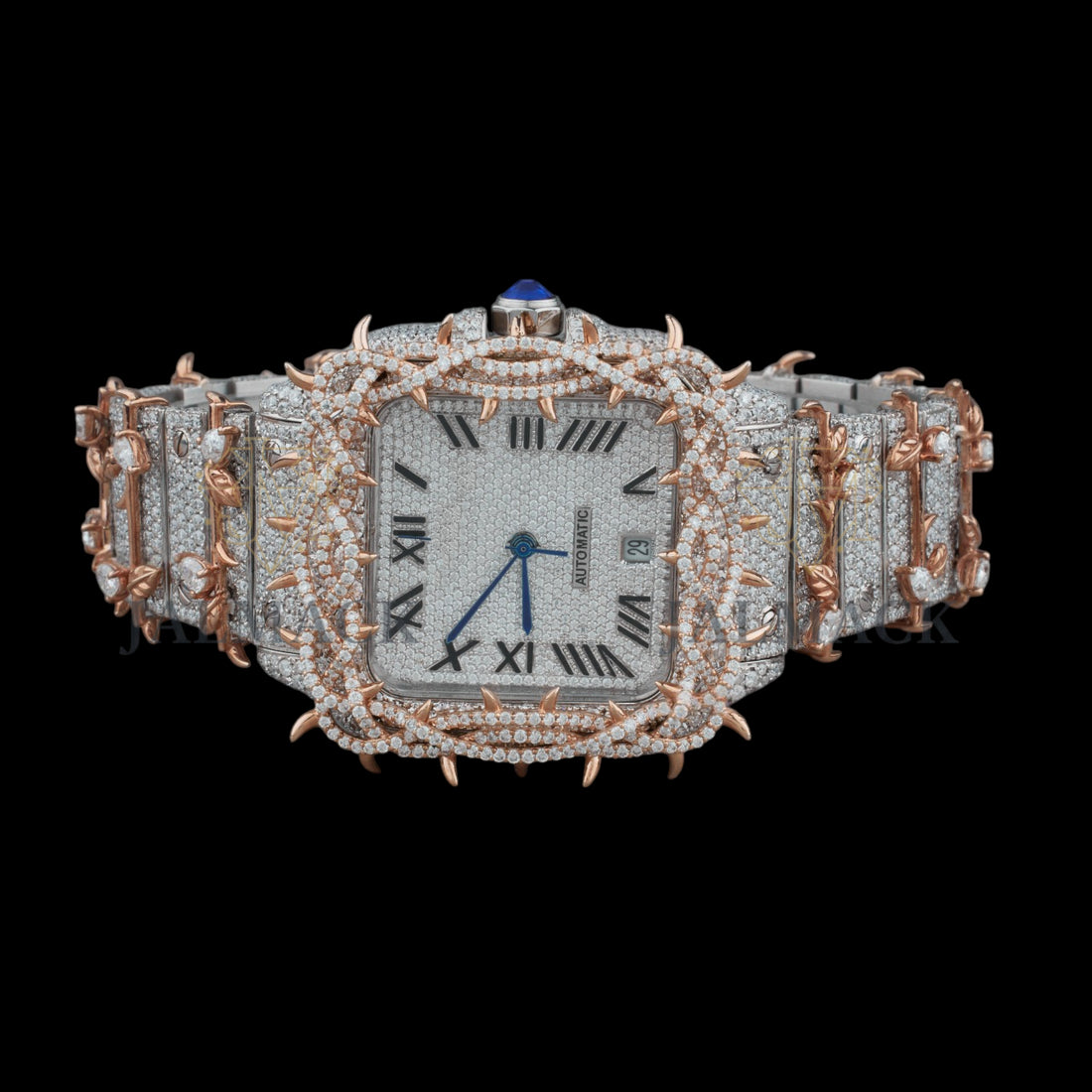 Silver Roman Dial Round-Cut Thorn Design Moissanite Watch
