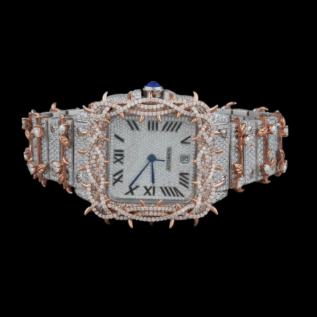 Silver Roman Dial Round-Cut Thorn Design Moissanite Watch