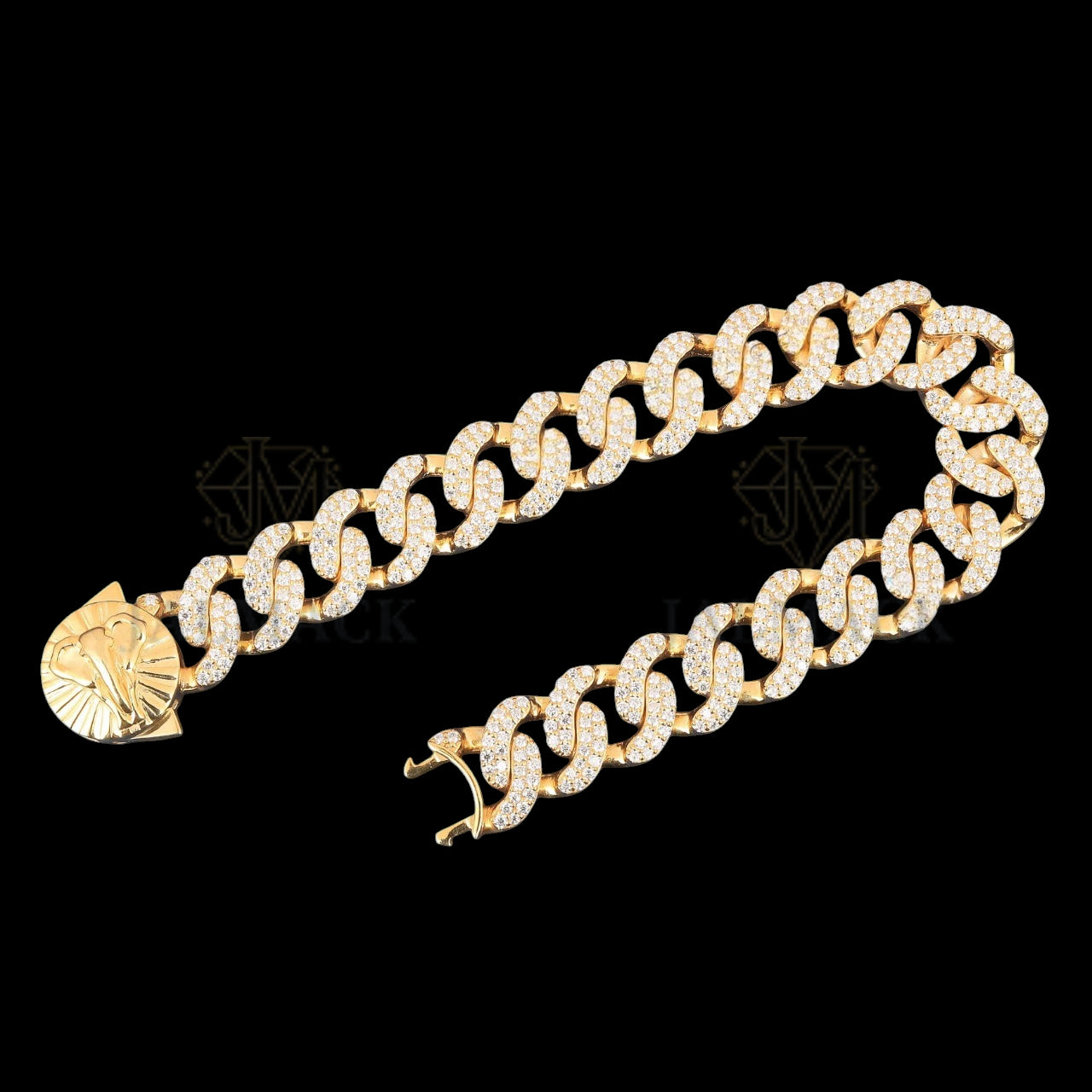 Yellow Gold Elephant Clasp Moissanite Cuban Bracelet Fully Iced Out