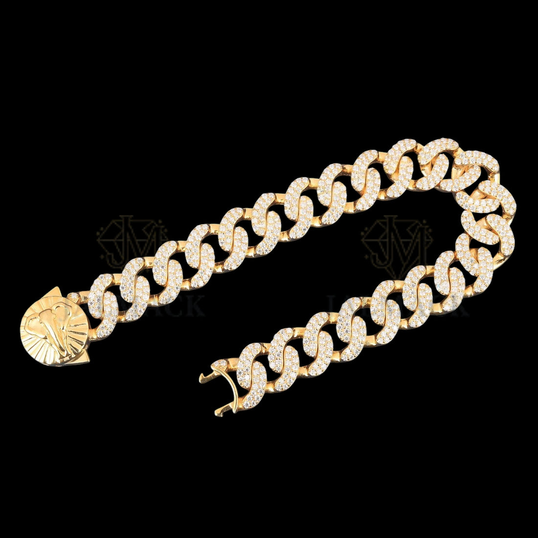 Yellow Gold Elephant Clasp Moissanite Cuban Bracelet Fully Iced Out