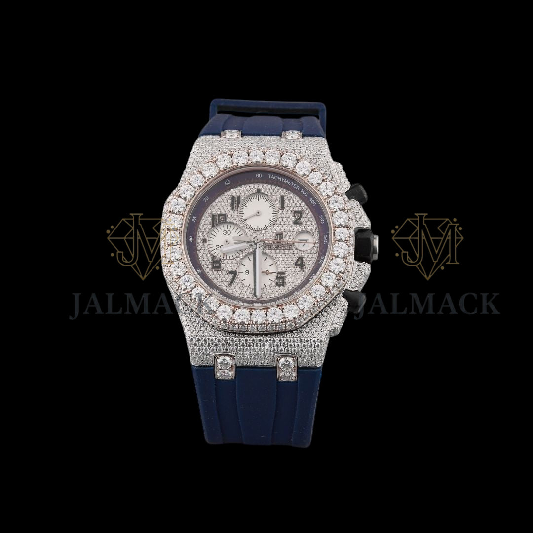 Silver Fully Iced Moissanite Chronograph Watch with Blue Strap