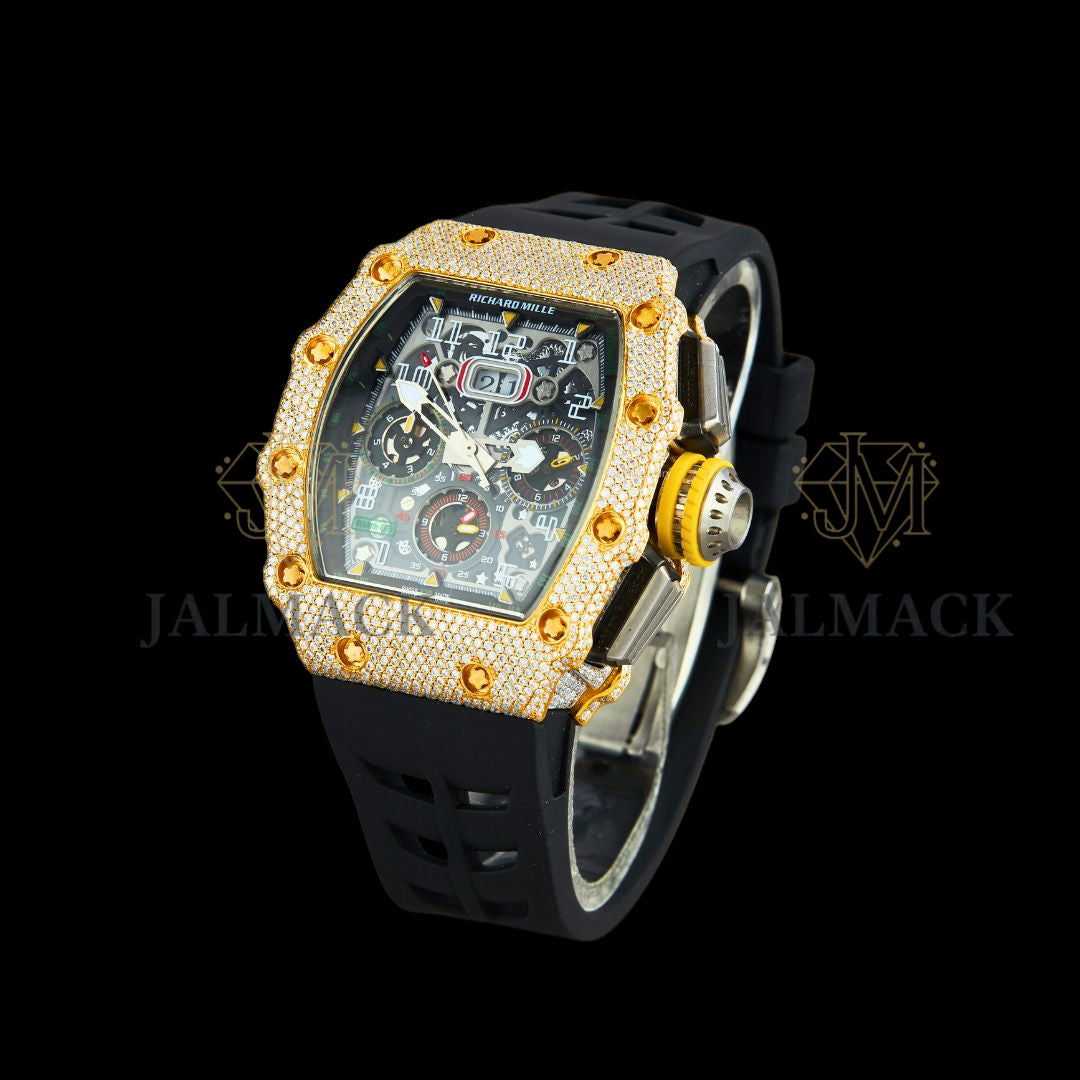 Yellow Gold Fully Iced Moissanite Skeleton Sport Watch