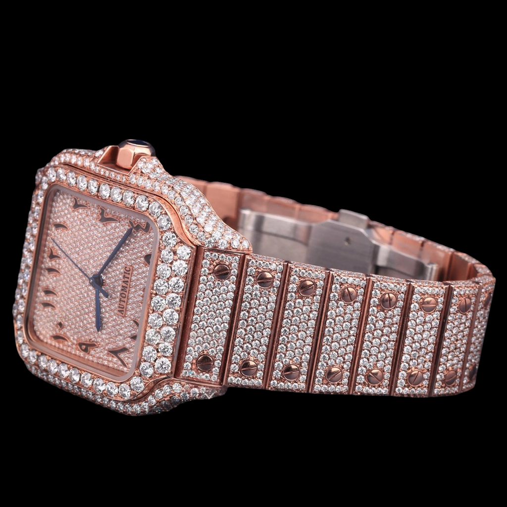 Luxury Rose Gold Arabic Moissanite Automatic Date Watch VVS1 D Color Fully Iced Out