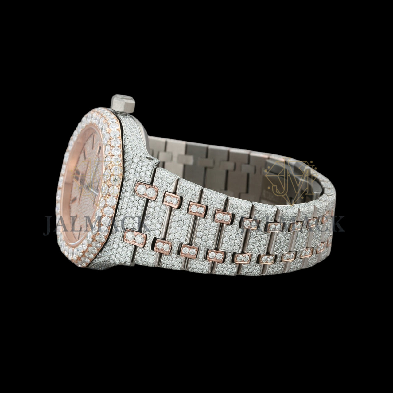 Rose Gold Dial Baton Letter Round-Cut Moissanite Watch