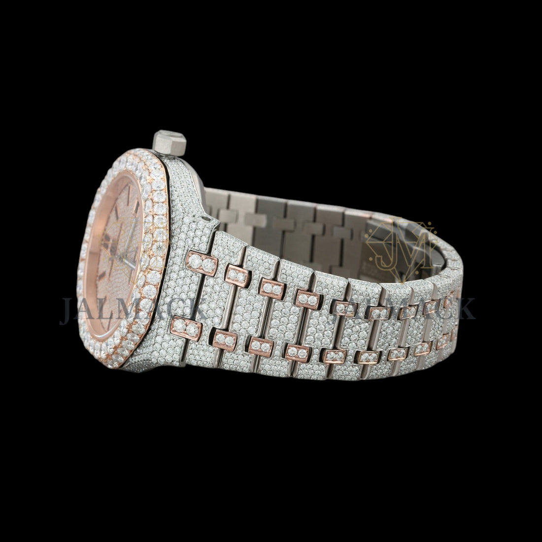 Rose Gold Dial Baton Letter Round-Cut Moissanite Watch
