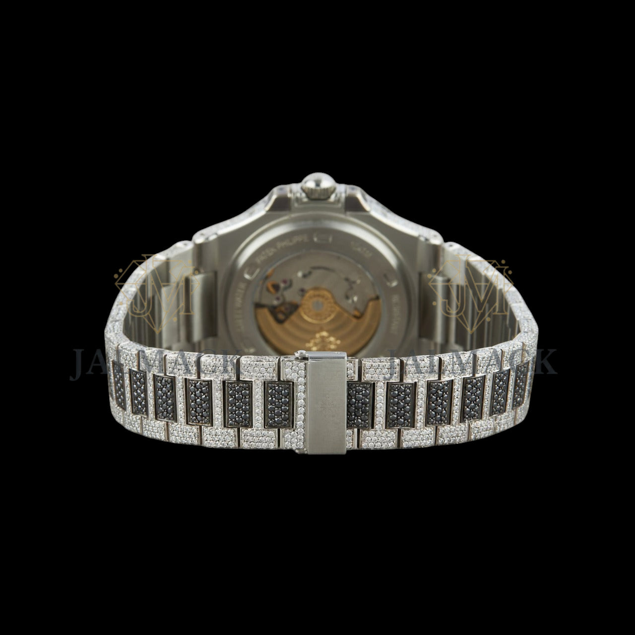 Black Dial Baton Marker Round-Cut Moissanite Watch