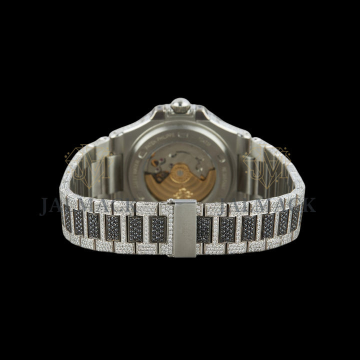Black Dial Baton Marker Round-Cut Moissanite Watch