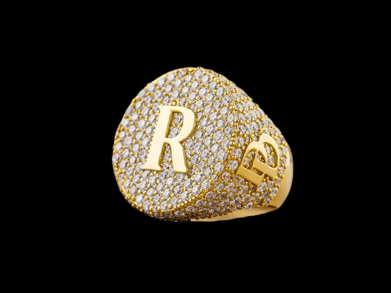 Personalized Yellow Gold Plated Moissanite Diamond - 925 Sterling Silver Hip Hop Custom Name Ring for Rapper