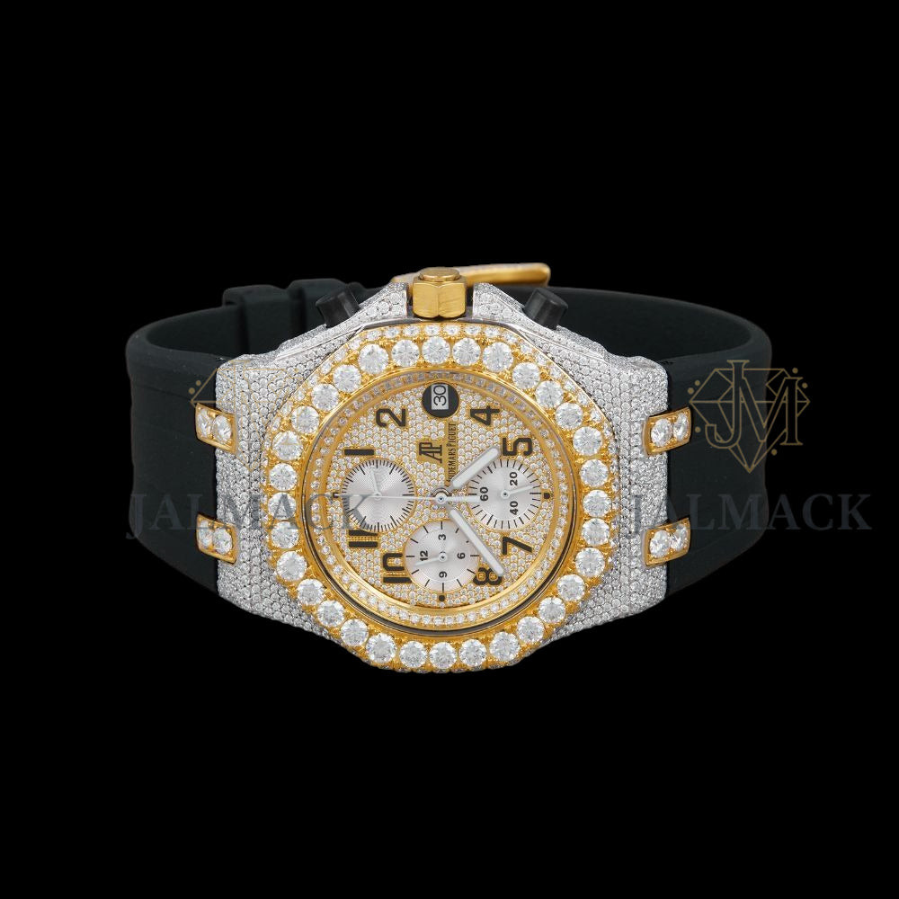 Gold Dial Arabic Numeral Round-Cut Moissanite Chronograph Watch