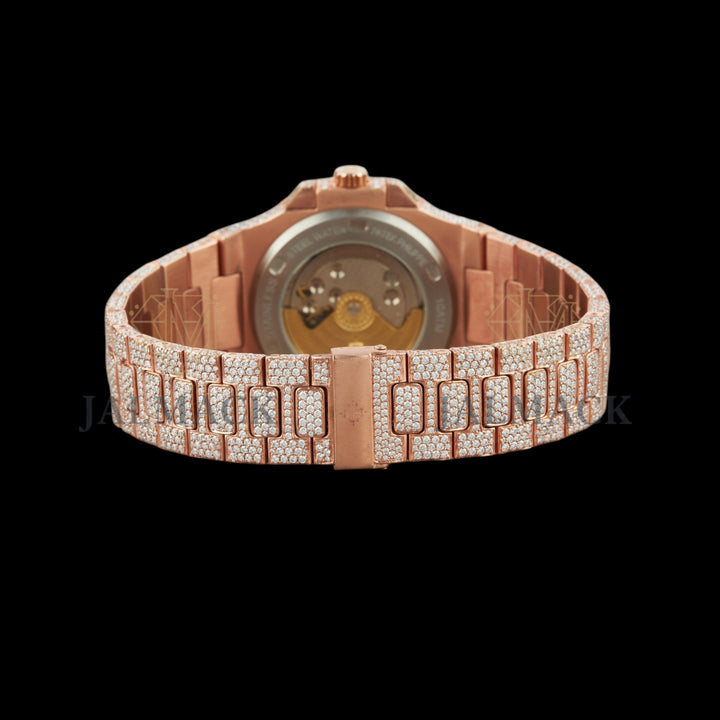 Rose Gold Dial Baguette Marker Round-Cut Moissanite Watch