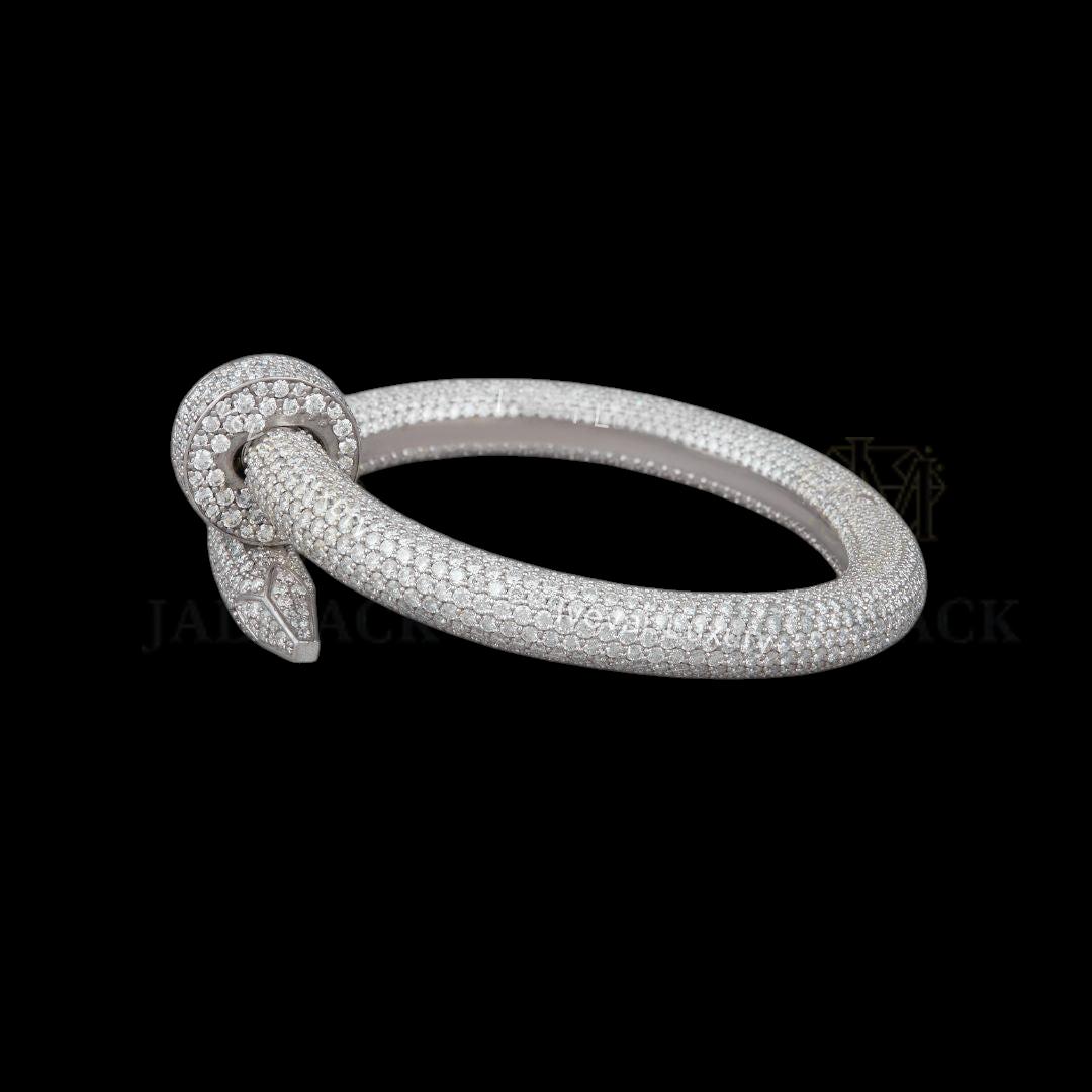 Silver Wide Cuff Moissanite Bangle with Round and Emerald-Cut Stones