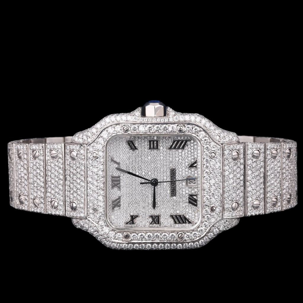 Luxury Silver Roman Moissanite Automatic Date Watch VVS1 D Color Fully Iced Out