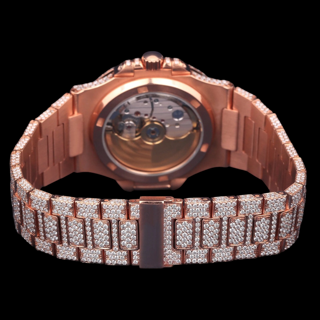Luxury Rose Gold Baguette Moissanite Automatic Date Watch VVS1 D Color