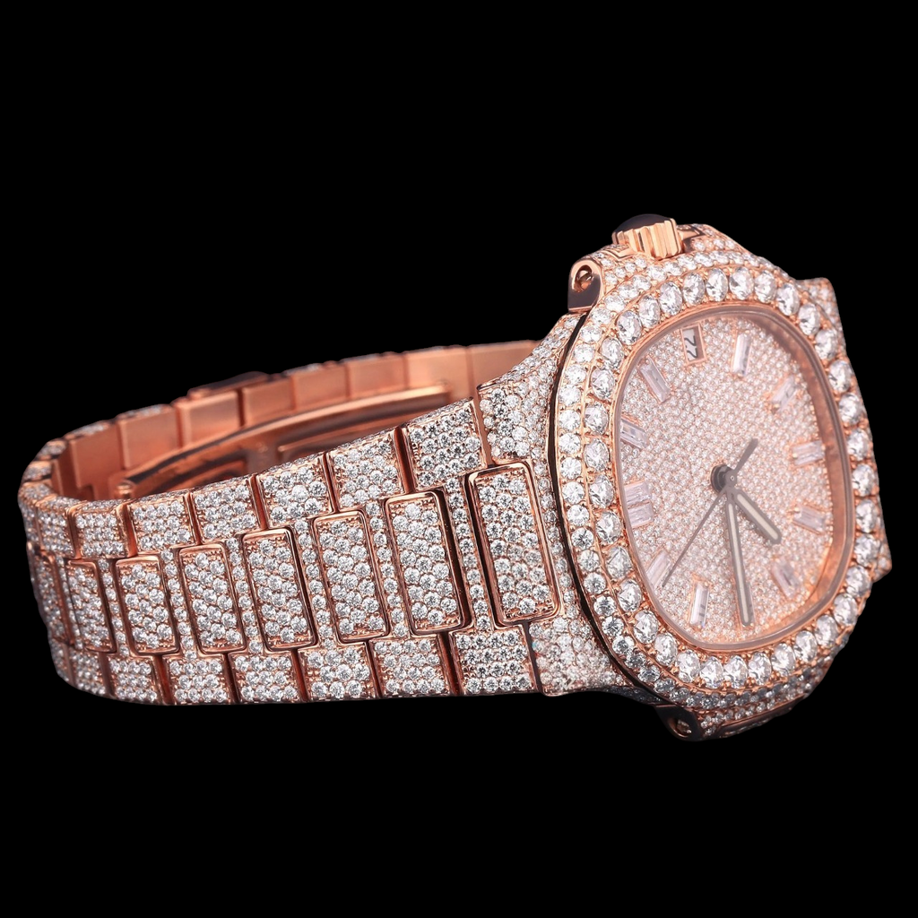 Luxury Rose Gold Baguette Moissanite Automatic Date Watch VVS1 D Color