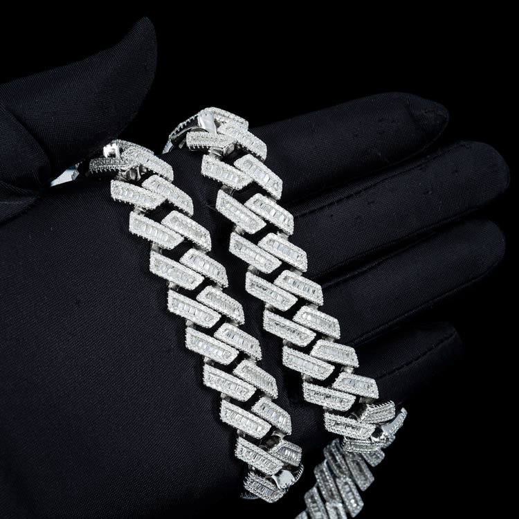 16MM Baguette Pave Cuban Link VVS1 D Color Moissanite Chain 925 Sterling Silver
