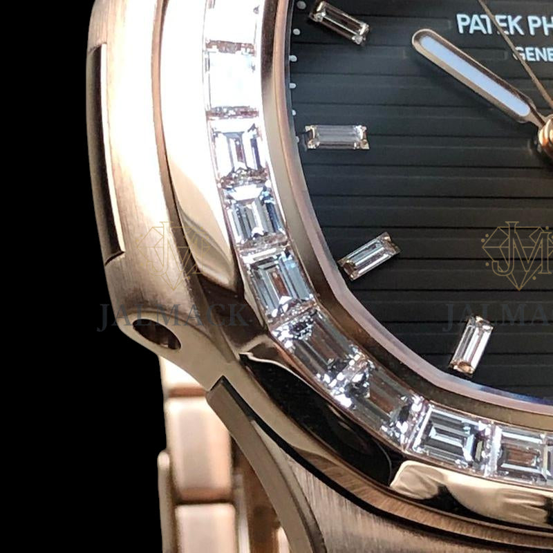Rose Gold Black Dial Baguette-Cut Moissanite Automatic Watch