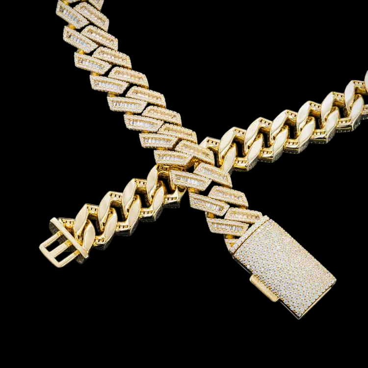 15MM Yellow Gold Baguette Pave Cuban Link VVS1 Moissanite Chain 925 Sterling Silver