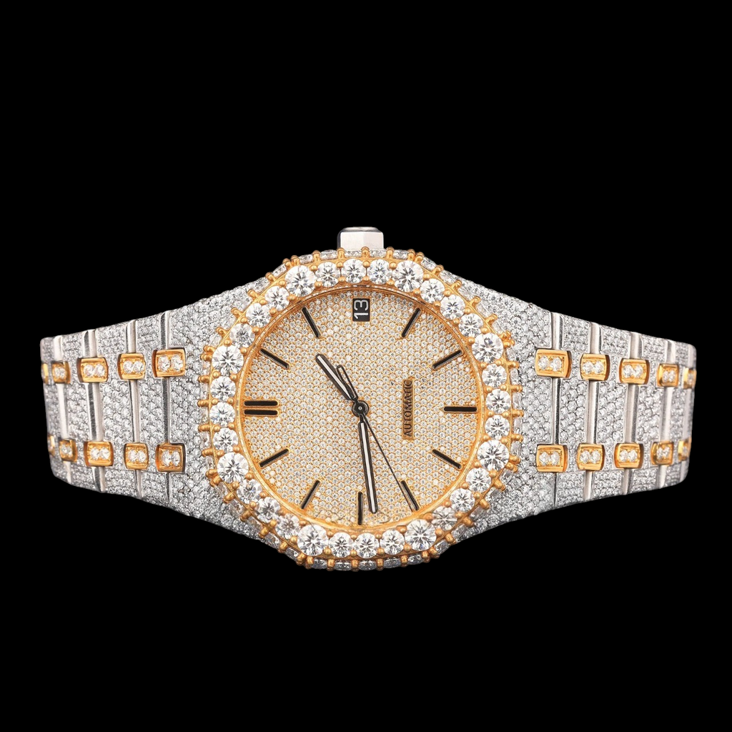 Luxury Two-Tone Moissanite Automatic Date Watch VVS1 D Color Fully Iced Out