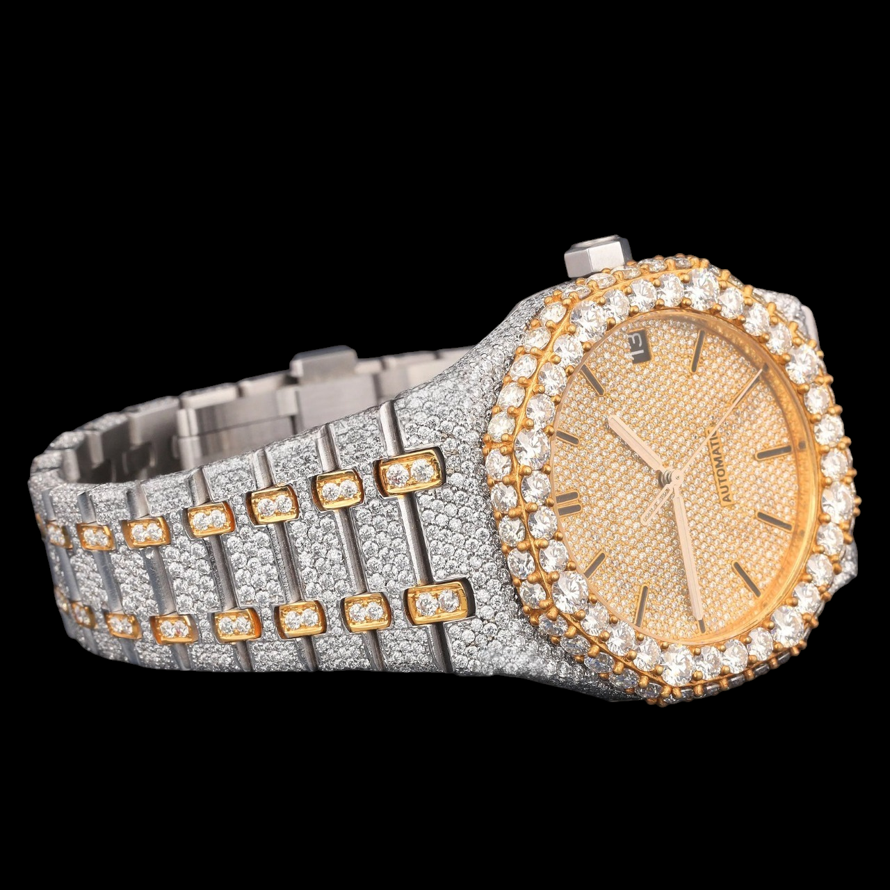 Luxury Two-Tone Moissanite Automatic Date Watch VVS1 D Color Fully Iced Out