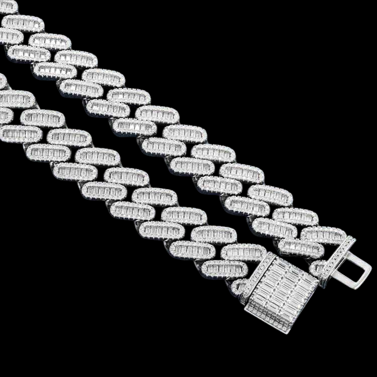 18MM 925 Silver Sparkling Miami Baguette Stone With Moissanite Cuban Link Chain For Jewelry