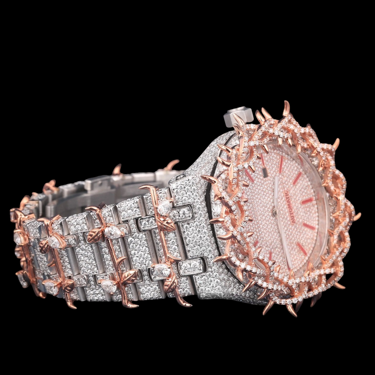 Luxury Rose Gold Thorn Moissanite Automatic Watch VVS1 D Color Fully Iced Out