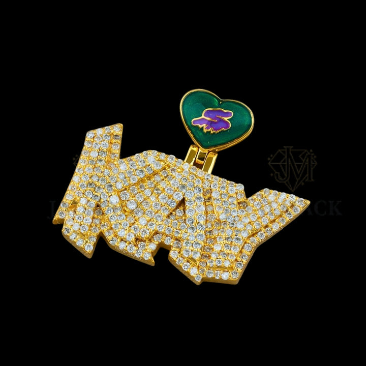 Custom Graffiti Moissanite Word Pendant with Heart Bail Fully Iced Out