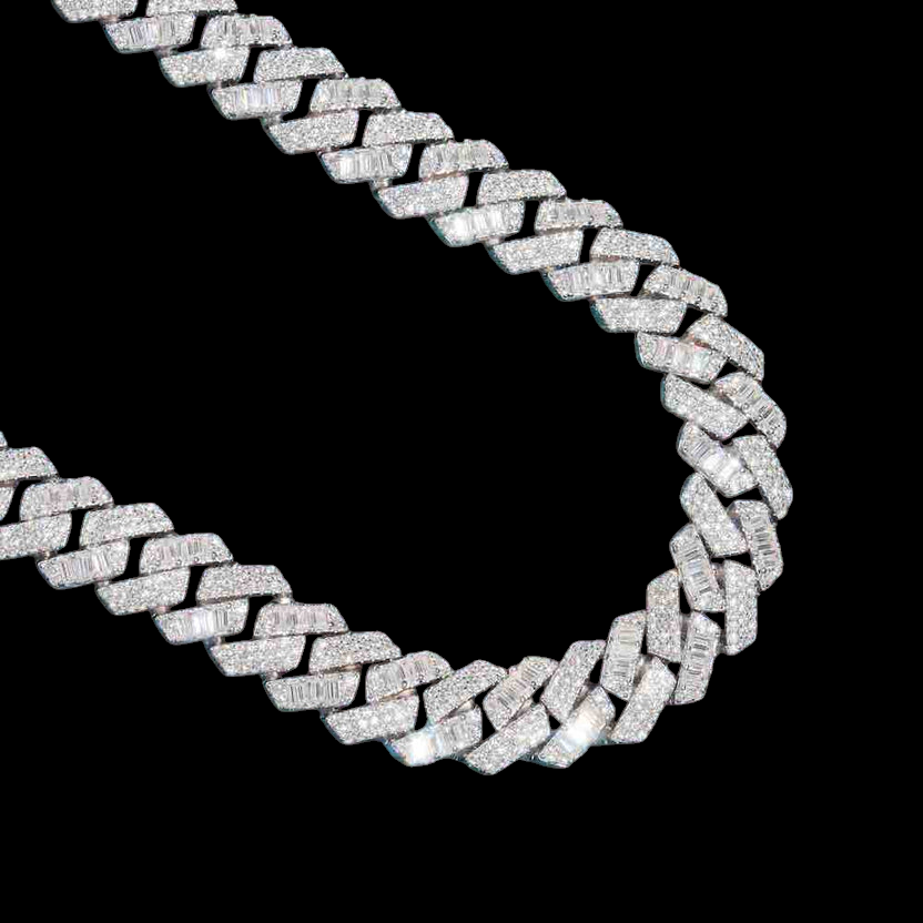 15MM Baguette Pave Cuban Link VVS1 Moissanite Chain 925 Sterling Silver