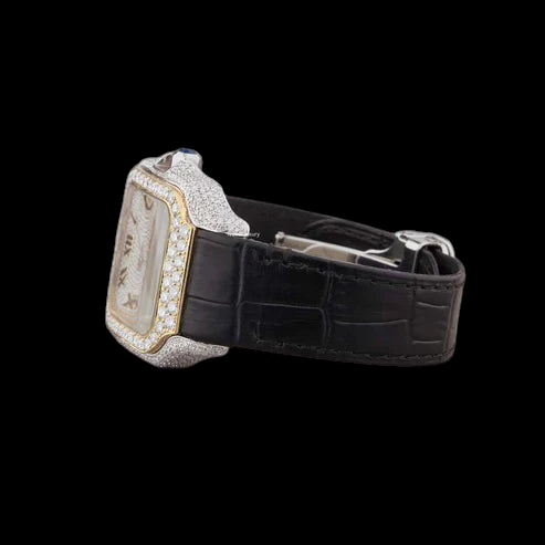 Square Roman Dial Fully Iced Moissanite Watch Black Strap
