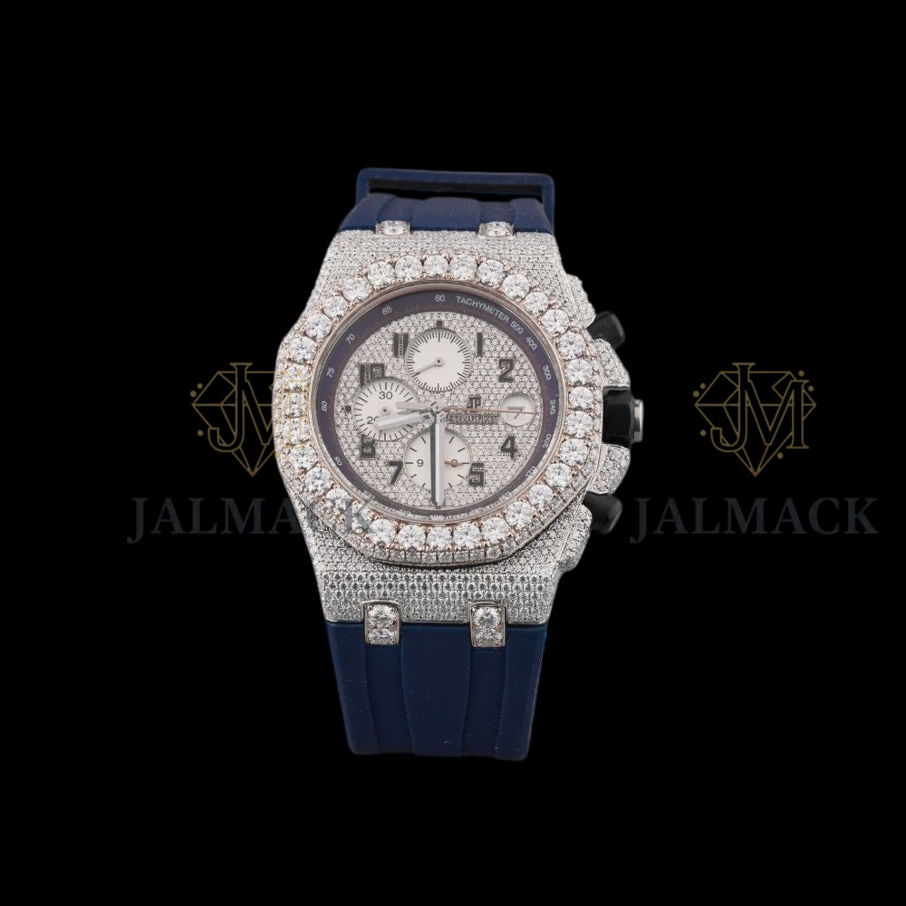 Silver Dial Arabic Numeral Round-Cut Moissanite Chronograph Watch