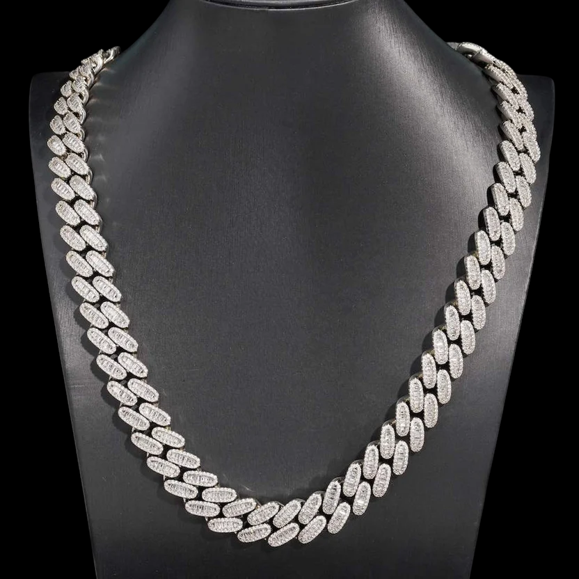 16MM Triple Row Baguette VVS Moissanite Link Chain 925 Sterling Silver