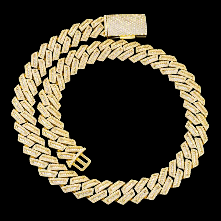 15MM Yellow Gold Baguette Pave Cuban Link VVS1 Moissanite Chain 925 Sterling Silver