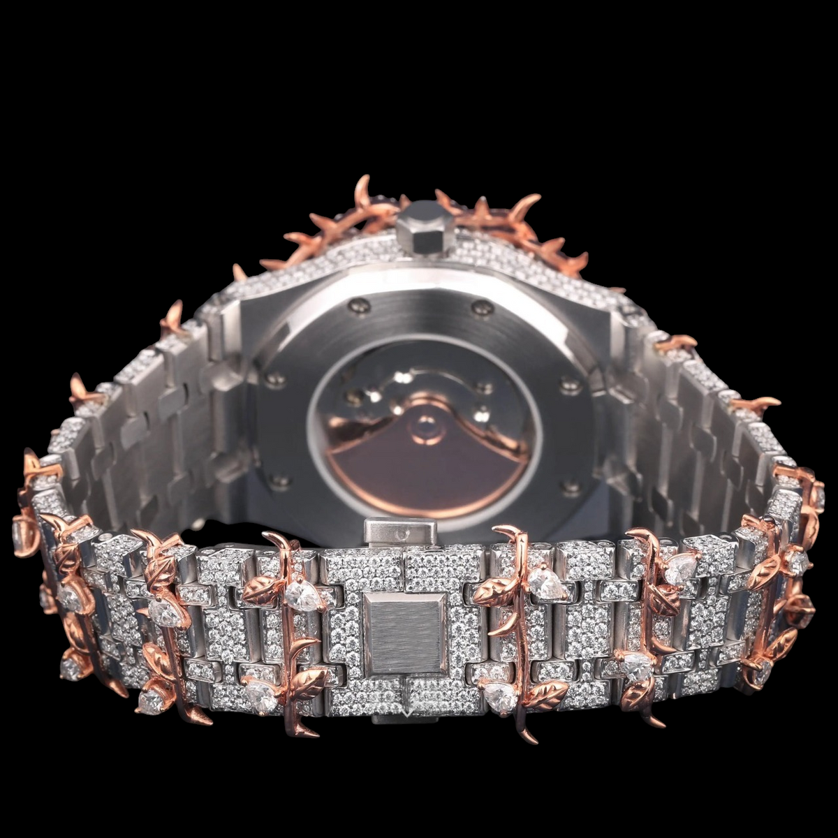 Luxury Rose Gold Thorn Moissanite Automatic Watch VVS1 D Color Fully Iced Out