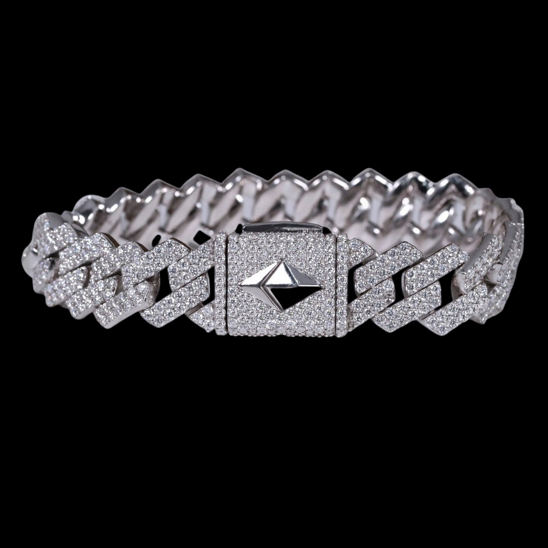 Silver Pyramid Clasp Moissanite Cuban Bracelet VVS1 Fully Iced Out