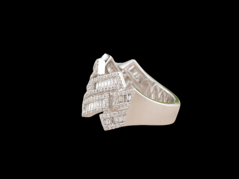 10K Solid White Gold Plated Moissanite Diamond Hip hop Ring - Gold Pave Setting Diamond Link Ring for men's Hip hop fashion